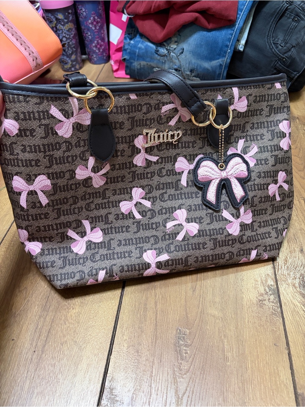 Juicy Couture Brown Tote with Pink Bow Accents and Charm